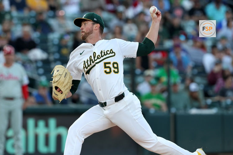 May 24, 2025; West Sacramento, California, USA; Athletics pitcher Jeffrey Springs (59) throws a pitch against the Philadelphia Phillies during the first inning at Sutter Health Park. Credit: Dennis Lee-Imagn Images
