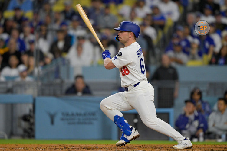 May 15, 2025; Los Angeles, California, USA; Los Angeles Dodgers catcher Dalton Rushing (68) singles against the Athletics during the third inning of the game at Dodger Stadium. Credit: Jayne Kamin-Oncea-Imagn Images