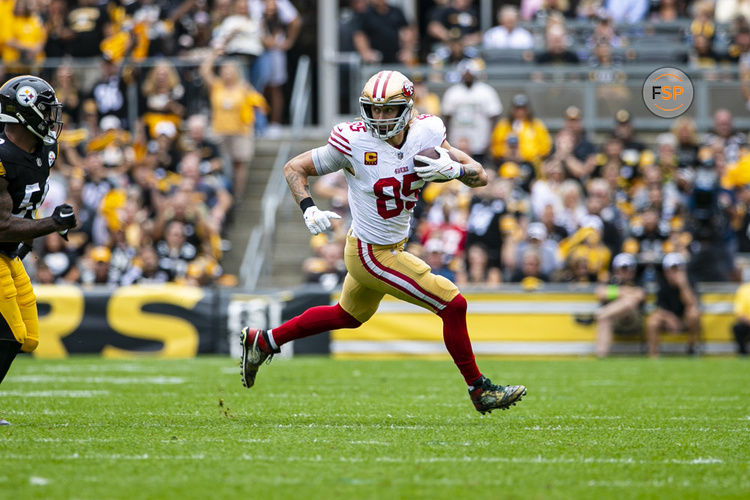 PITTSBURGH, PA - SEPTEMBER 10: San Francisco 49ers tight end George Kittle (85) runs with the ball after making a catch during the regular season NFL football game between the San Francisco 49ers and the Pittsburgh Steelers on September 10, 2023 at Acrisure Stadium in Pittsburgh, PA. (Photo by Mark Alberti/Icon Sportswire)