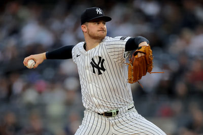 Jun 16, 2025; Bronx, New York, USA; New York Yankees starting pitcher Clarke Schmidt (36) pitches against the Los Angeles Angels during the first inning at Yankee Stadium. Mandatory Credit: Brad Penner-Imagn Images