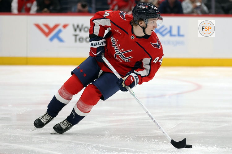 Mar 18, 2026; Washington, District of Columbia, USA; Washington Capitals defenseman Cole Hutson (44) controls the puck during the second period against the Ottawa Senators at Capital One Arena. Credit: Daniel Kucin Jr.-Imagn Images
