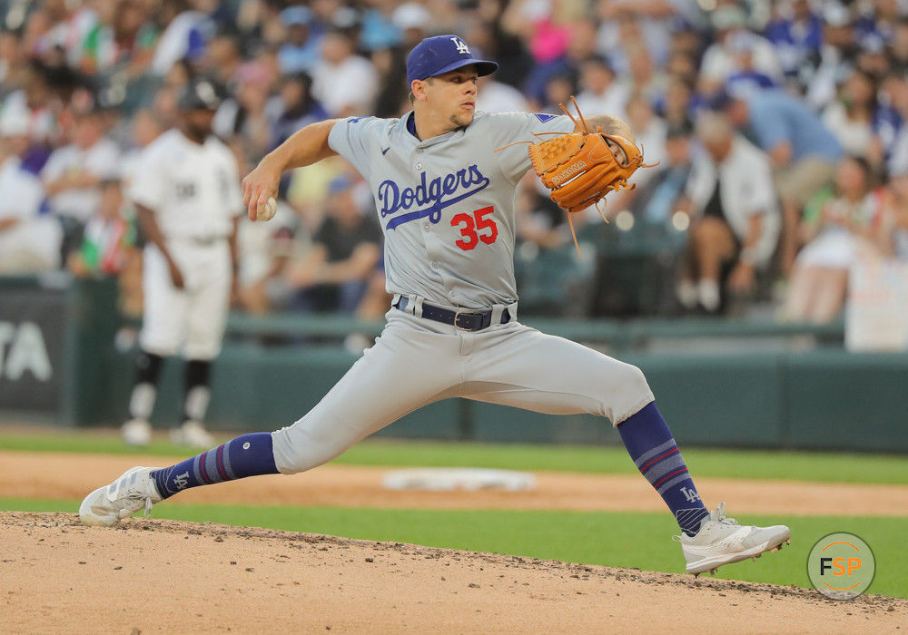 CHICAGO, IL - JUNE 26: Gavin Stone #35 of the Los Angeles Dodgers delivers a pitch in the fourth inning against the Chicago White Sox on June 26, 2024 at Guaranteed Rate Field in Chicago,Illinois. (Photo by Melissa Tamez/Icon Sportswire)