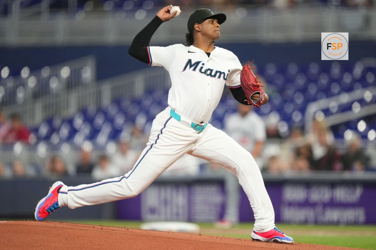 Jul 1, 2025; Miami, Florida, USA;  Miami Marlins pitcher Edward Cabrera (27) pitches in the first inning against the Minnesota Twins at loanDepot Park. Credit: Jim Rassol-Imagn Images