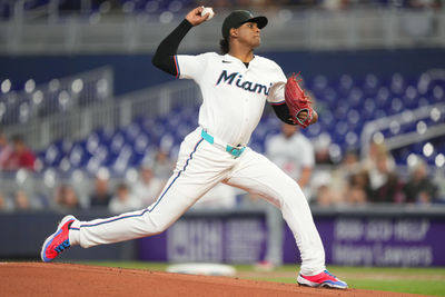 Jul 1, 2025; Miami, Florida, USA;  Miami Marlins pitcher Edward Cabrera (27) pitches in the first inning against the Minnesota Twins at loanDepot Park. Mandatory Credit: Jim Rassol-Imagn Images
