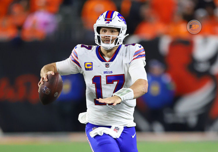 CINCINNATI, OH - NOVEMBER 05: Buffalo Bills quarterback Josh Allen (17) in a game between the Buffalo Bills and the Cincinnati Bengals at Paycor Stadium on Sunday, November. 5, 2023. (Photo by Jeff Moreland/Icon Sportswire)