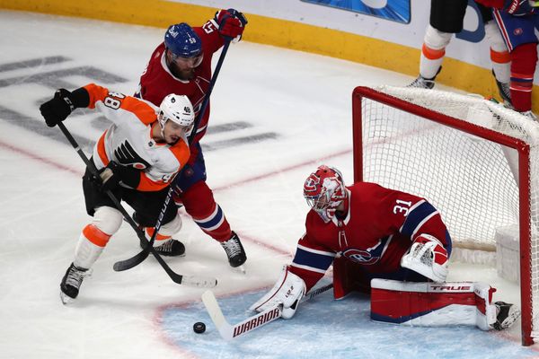 Apr 21, 2022; Montreal, Quebec, CAN; Montreal Canadiens goaltender Carey Price (31) makes a save against Philadelphia Flyers center Morgan Frost (48) as defenseman David Savard (58) defends during the third period at Bell Centre. Mandatory Credit: Jean-Yves Ahern-USA TODAY Sports