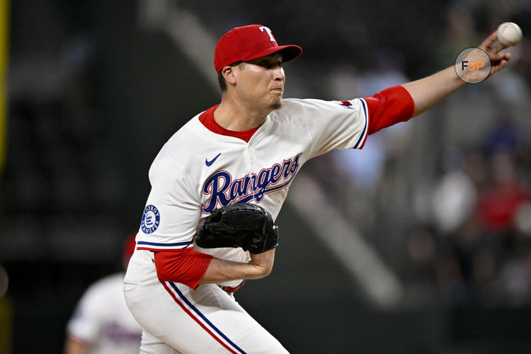 Jun 30, 2025; Arlington, Texas, USA; Texas Rangers relief pitcher Robert Garcia (62) pitches against the Baltimore Orioles during the tenth inning at Globe Life Field. Credit: Jerome Miron-Imagn Images