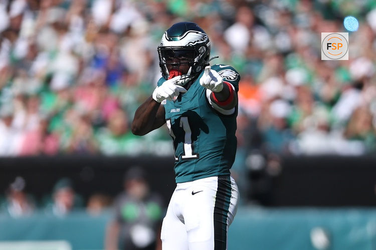 Oct 5, 2025; Philadelphia, Pennsylvania, USA;  Philadelphia Eagles wide receiver A.J. Brown (11) reacts after a catch against the Denver Broncos in the second quarter at Lincoln Financial Field. Credit: Bill Streicher-Imagn Images