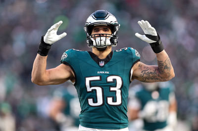 Jan 12, 2025; Philadelphia, Pennsylvania, USA; Philadelphia Eagles linebacker Zack Baun (53) before kick off against the Green Bay Packers in an NFC wild card game at Lincoln Financial Field. Mandatory Credit: Bill Streicher-Imagn Images