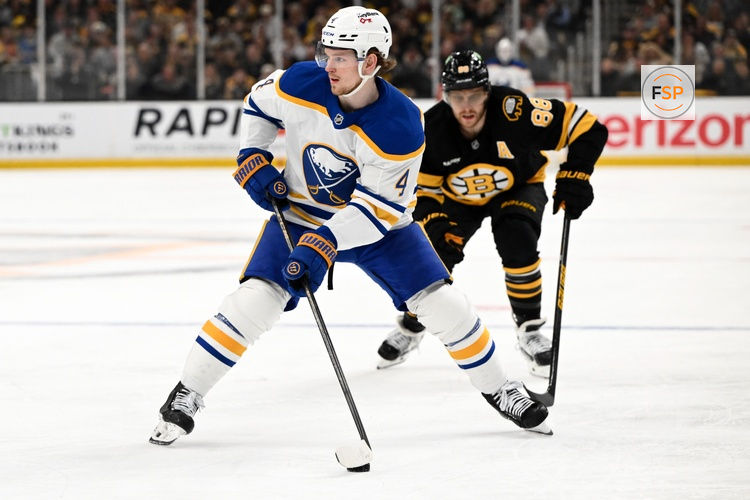 Apr 23, 2026; Boston, Massachusetts, USA; Buffalo Sabres defenseman Bowen Byram (4) skates against Boston Bruins right wing David Pastrnak (88) during the second period of game three of the first round of the 2026 Stanley Cup Playoffs at the TD Garden. Credit: Brian Fluharty-Imagn Images