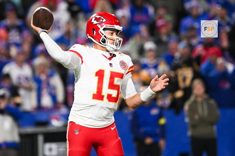 Nov 2, 2025; Orchard Park, New York, USA; Kansas City Chiefs quarterback Patrick Mahomes (15) throws the ball in the second half against the Buffalo Bills at Highmark Stadium. Credit: Mark Konezny-Imagn Images