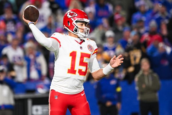 Nov 2, 2025; Orchard Park, New York, USA; Kansas City Chiefs quarterback Patrick Mahomes (15) throws the ball in the second half against the Buffalo Bills at Highmark Stadium. Mandatory Credit: Mark Konezny-Imagn Images