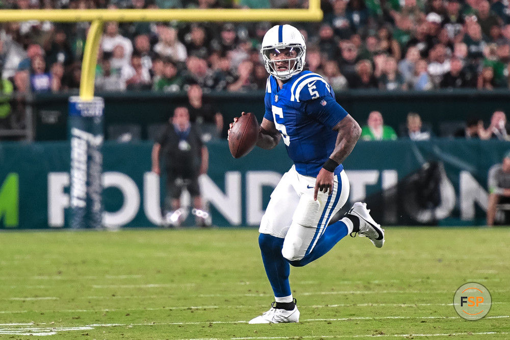 PHILADELPHIA, PA - AUGUST 24: Indianapolis Colts quarterback Anthony Richardson (5) in action during the preseason NFL game between the Philadelphia Eagles and Indianapolis Colts on August 24, 2023 at Lincoln Financial Field in Philadelphia, PA (Photo by John Jones/Icon Sportswire)