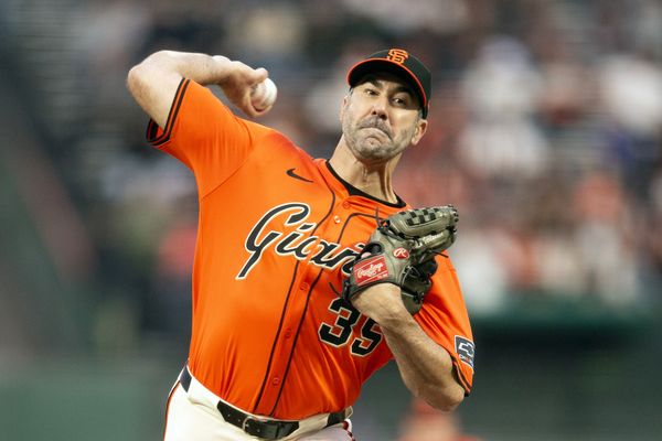 Apr 25, 2025; San Francisco, California, USA; San Francisco Giants starting pitcher Justin Verlander (35) delivers a pitch against the Texas Rangers during the first inning at Oracle Park. Mandatory Credit: D. Ross Cameron-Imagn Images