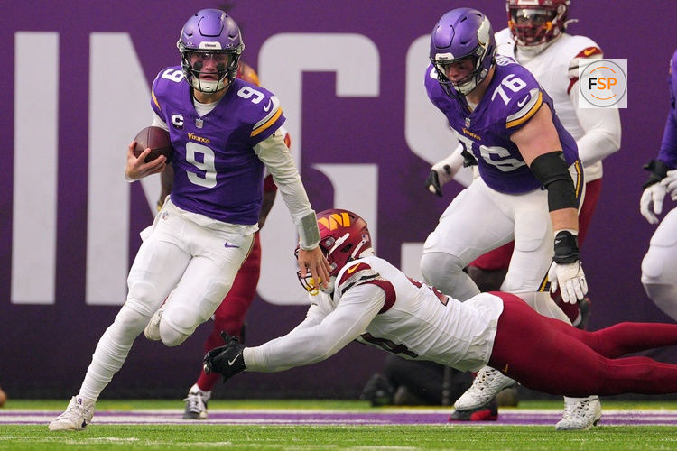 Dec 7, 2025; Minneapolis, Minnesota, USA; Minnesota Vikings quarterback J.J. McCarthy (9) rushes the ball past Washington Commanders outside linebacker Von Miller (24) during the first half at U.S. Bank Stadium. Credit: Brad Rempel-Imagn Images