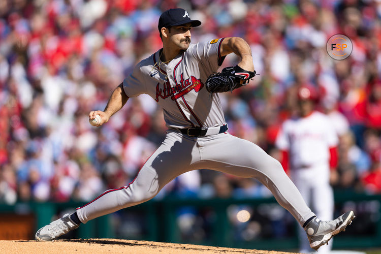 Mar 29, 2024; Philadelphia, Pennsylvania, USA; Atlanta Braves starting pitcher Spencer Strider (99) in action against the Philadelphia Phillies on opening day at Citizens Bank Park. Credit: Bill Streicher-USA TODAY Sports