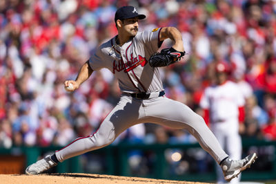 Mar 29, 2024; Philadelphia, Pennsylvania, USA; Atlanta Braves starting pitcher Spencer Strider (99) in action against the Philadelphia Phillies on opening day at Citizens Bank Park. Mandatory Credit: Bill Streicher-USA TODAY Sports