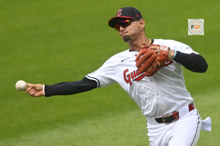 Sep 1, 2024; Cleveland, Ohio, USA; Cleveland Guardians second baseman Andres Gimenez (0) throws to first base in the second inning against the Pittsburgh Pirates at Progressive Field. Credit: David Richard-USA TODAY Sports