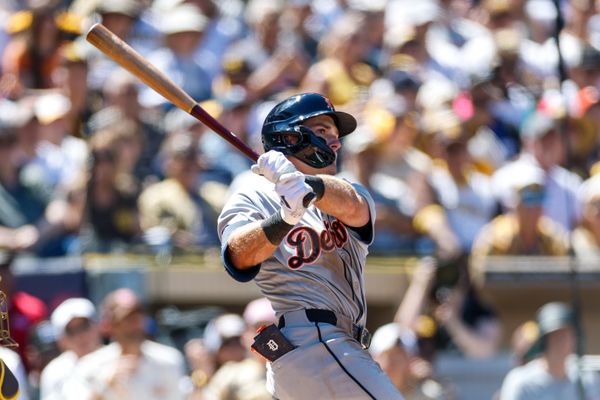 Mar 26, 2026; San Diego, California, USA; Detroit Tigers third baseman Kevin McGonigle (7) hits a double during the third inning against the San Diego Padres at Petco Park. Mandatory Credit: David Frerker-Imagn Images