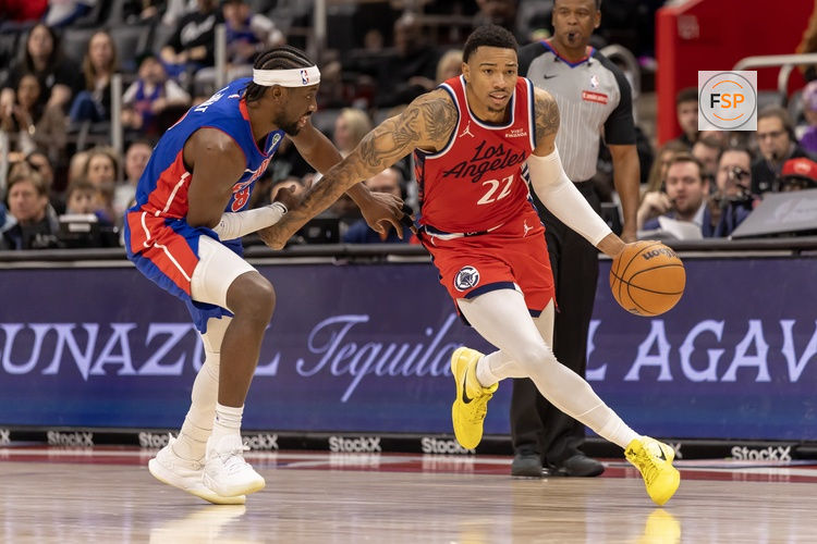 Jan 10, 2026; Detroit, Michigan, USA; Detroit Pistons guard Caris LeVert (8) defends against LA Clippers guard Jordan Miller (22) during the second half at Little Caesars Arena. Credit: David Reginek-Imagn Images