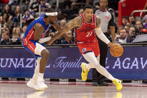 Jan 10, 2026; Detroit, Michigan, USA; Detroit Pistons guard Caris LeVert (8) defends against LA Clippers guard Jordan Miller (22) during the second half at Little Caesars Arena. Mandatory Credit: David Reginek-Imagn Images
