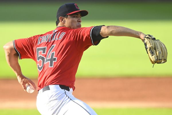 Jul 22, 2025; Cleveland, Ohio, USA; Cleveland Guardians relief pitcher Joey Cantillo (54) delivers a pitch in the second inning against the Baltimore Orioles at Progressive Field. Mandatory Credit: David Richard-Imagn Images