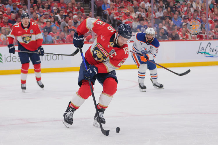 Jun 9, 2025; Sunrise, Florida, USA; Florida Panthers forward Aleksander Barkov (16) controls the puck during the third period against the Edmonton Oilers in game three of the 2025 Stanley Cup Final at Amerant Bank Arena. Credit: Sam Navarro-Imagn Images