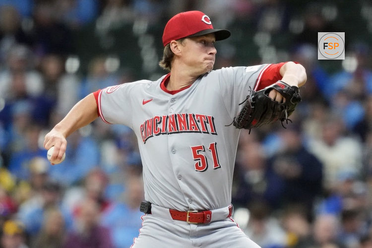 Apr 5, 2025; Milwaukee, Wisconsin, USA;  Cincinnati Reds pitcher Brady Singer (51) throws a pitch during the first inning against the Milwaukee Brewers at American Family Field. Credit: Jeff Hanisch-Imagn Images