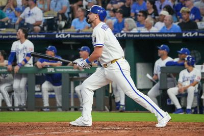 Aug 19, 2026; Kansas City, Missouri, USA; Kansas City Royals first baseman Vinnie Pasquantino (9) hits a solo home run against the Athletics during the sixth inning at Kauffman Stadium. Mandatory Credit: Denny Medley-Imagn Images