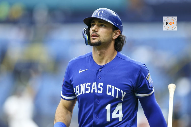 Jun 25, 2026; St. Petersburg, Florida, USA; Kansas City Royals first baseman Jac Caglianone (14) reacts after striking out against the Tampa Bay Rays in the fourth inning  at Tropicana Field. Credit: Nathan Ray Seebeck-Imagn Images
