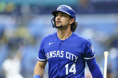 Jun 25, 2026; St. Petersburg, Florida, USA; Kansas City Royals first baseman Jac Caglianone (14) reacts after striking out against the Tampa Bay Rays in the fourth inning  at Tropicana Field. Mandatory Credit: Nathan Ray Seebeck-Imagn Images