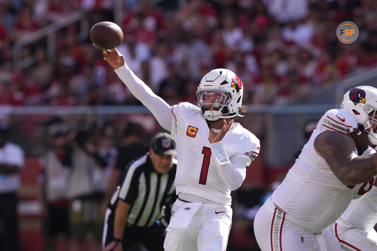 Oct 6, 2024; Santa Clara, California, USA; Arizona Cardinals quarterback Kyler Murray (1) throws a pass against the San Francisco 49ers during the fourth quarter at Levi's Stadium. Credit: Darren Yamashita-Imagn Images