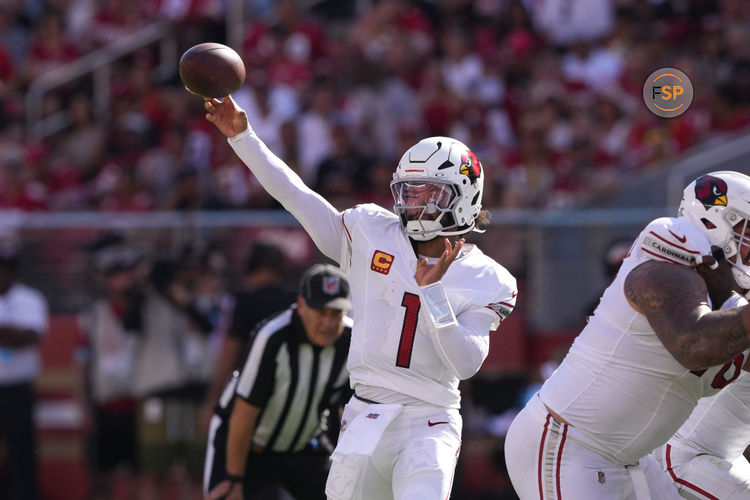 Oct 6, 2024; Santa Clara, California, USA; Arizona Cardinals quarterback Kyler Murray (1) throws a pass against the San Francisco 49ers during the fourth quarter at Levi's Stadium. Credit: Darren Yamashita-Imagn Images