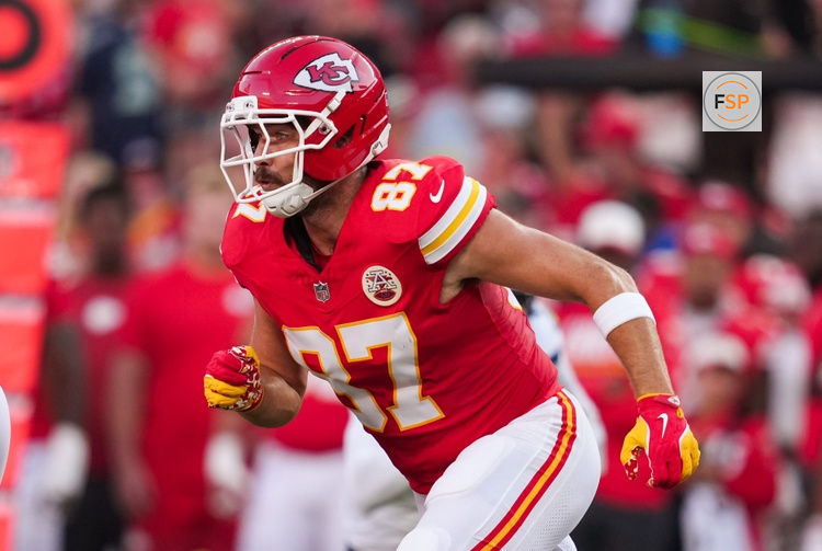 Aug 28, 2026; Kansas City, Missouri, USA; Kansas City Chiefs tight end Travis Kelce (87) runs a route during the first half against the Seattle Seahawks at Arrowhead Stadium. Credit: Jay Biggerstaff-Imagn Images