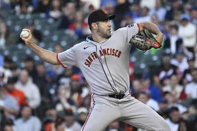 May 6, 2025; Chicago, Illinois, USA;  San Francisco Giants pitcher Justin Verlander (35) delivers against the Chicago Cubs during the first inning at Wrigley Field. Mandatory Credit: Matt Marton-Imagn Images