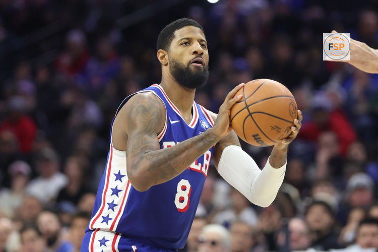 Jan 27, 2026; Philadelphia, Pennsylvania, USA; Philadelphia 76ers forward Paul George (8) shoots the ball against the Milwaukee Bucks during the third quarter at Xfinity Mobile Arena. Credit: Bill Streicher-Imagn Images