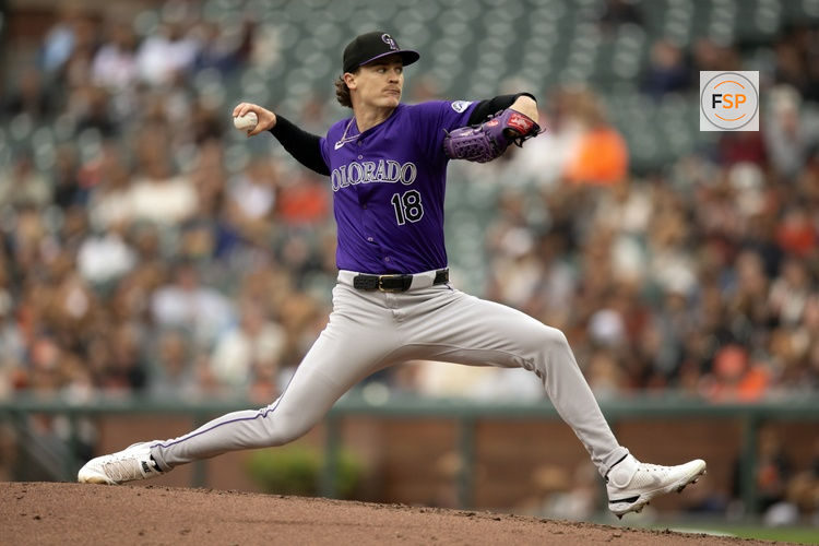 Jul 27, 2024; San Francisco, California, USA; Colorado Rockies starting pitcher Ryan Feltner (18) delivers a pitch against the San Francisco Giants during the second inning at Oracle Park. Mandatory Credit: D. Ross Cameron-USA TODAY Sports