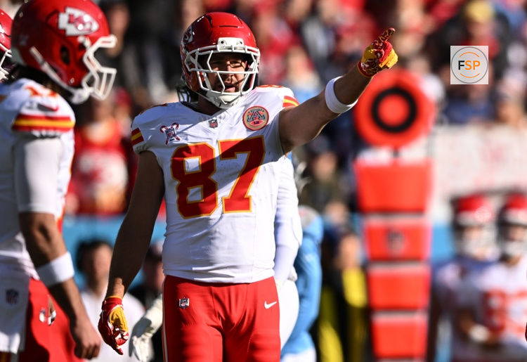 Dec 21, 2025; Nashville, Tennessee, USA; Kansas City Chiefs tight end Travis Kelce (87) reacts during the first half against the Tennessee Titans at Nissan Stadium. Credit: Steve Roberts-Imagn Images