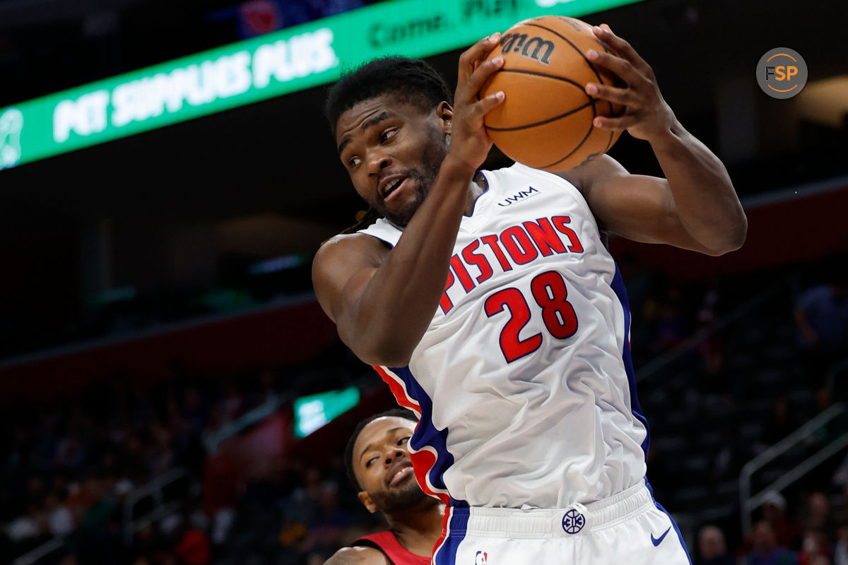 Mar 17, 2024; Detroit, Michigan, USA;  Detroit Pistons center Isaiah Stewart (28) grabs the rebound in the first half against the Miami Heat at Little Caesars Arena. Credit: Rick Osentoski-USA TODAY Sports