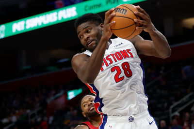 Mar 17, 2024; Detroit, Michigan, USA;  Detroit Pistons center Isaiah Stewart (28) grabs the rebound in the first half against the Miami Heat at Little Caesars Arena. Mandatory Credit: Rick Osentoski-USA TODAY Sports