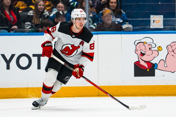 Jan 23, 2026; Vancouver, British Columbia, CAN; New Jersey Devils forward Jack Hughes (86) skates against the Vancouver Canucks in the second period at Rogers Arena. Credit: Bob Frid-Imagn Images