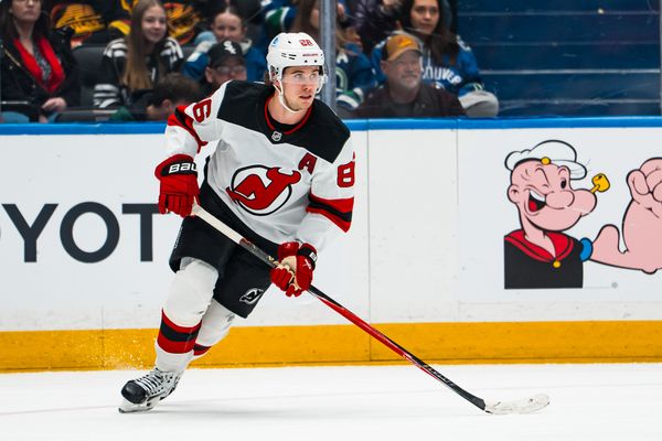 Jan 23, 2026; Vancouver, British Columbia, CAN; New Jersey Devils forward Jack Hughes (86) skates against the Vancouver Canucks in the second period at Rogers Arena. Mandatory Credit: Bob Frid-Imagn Images