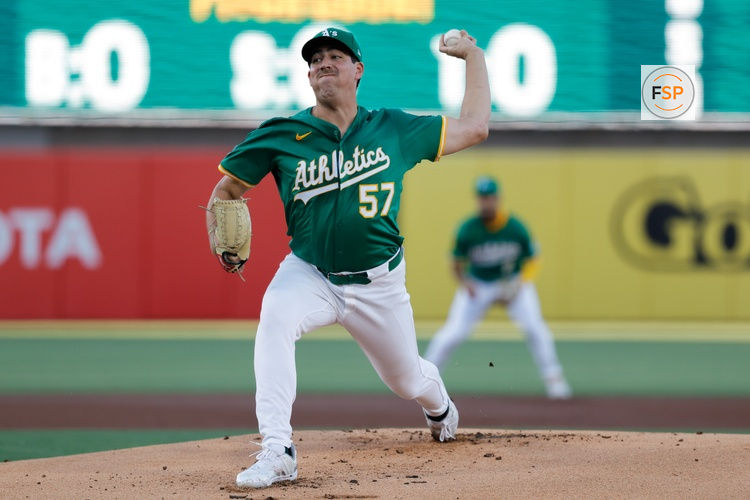 Aug 1, 2025; West Sacramento, California, USA; Athletics starting pitcher Jacob Lopez (57) throws a pitch during the first inning against the Arizona Diamondbacks at Sutter Health Park. Credit: Sergio Estrada-Imagn Images