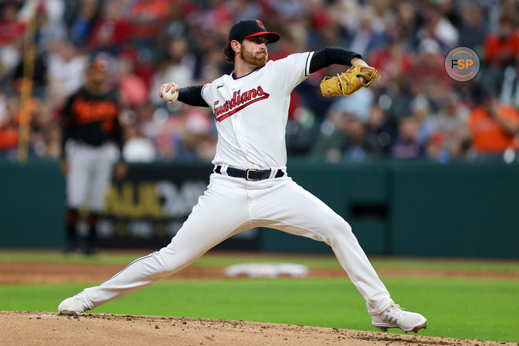 CLEVELAND, OH - SEPTEMBER 22: Cleveland Guardians starting pitcher Shane Bieber (57) delivers a pitch to the plate during the second inning of the Major League Baseball game between the Baltimore Orioles and Cleveland Guardians on September 22, 2023, at Progressive Field in Cleveland, OH. (Photo by Frank Jansky/Icon Sportswire)