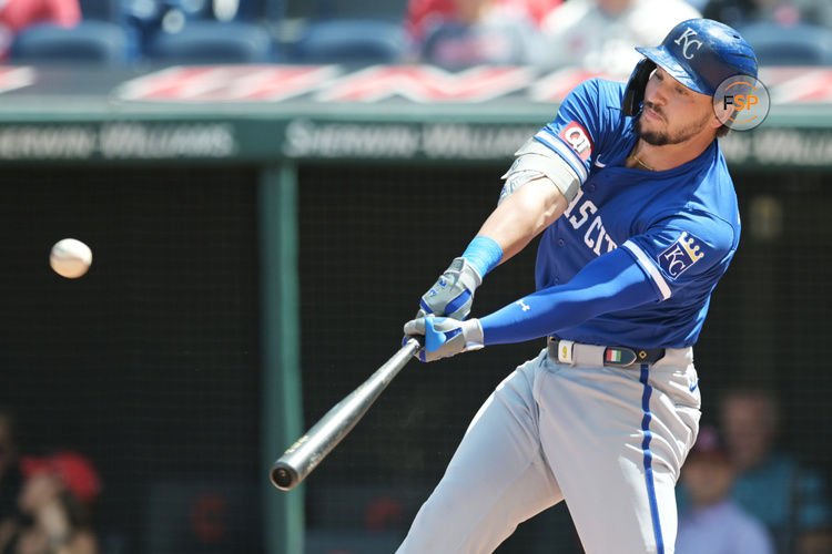 Aug 28, 2024; Cleveland, Ohio, USA; Kansas City Royals first baseman Vinnie Pasquantino (9) hits a home run during the first inning against the Cleveland Guardians at Progressive Field. Credit: Ken Blaze-USA TODAY Sports