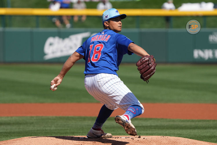 Mar 4, 2025; Mesa, Arizona, USA; Chicago Cubs pitcher Shota Imanaga (18) throws against the San Diego Padres in the first inning at Sloan Park. Credit: Rick Scuteri-Imagn Images