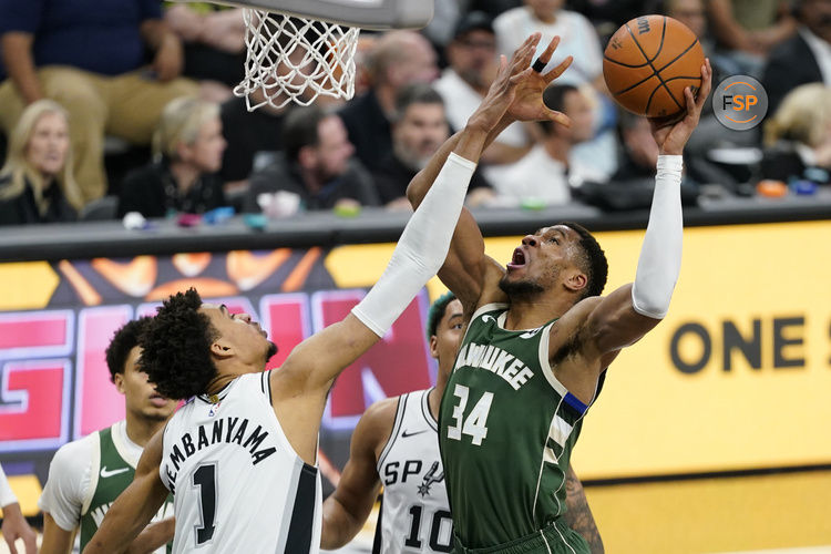 Jan 31, 2025; San Antonio, Texas, USA; Milwaukee Bucks forward Giannis Antetokounmpo (34) drives to the basket against San Antonio Spurs center Victor Wembanyama (1) during the second half at Frost Bank Center. Credit: Scott Wachter-Imagn Images