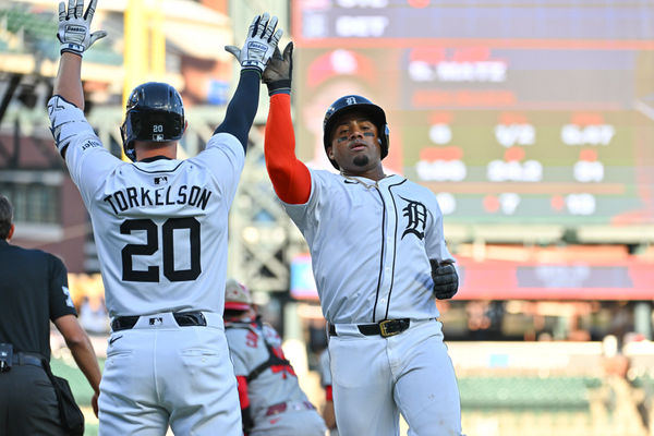 DETROIT, MI - APRIL 30: Detroit Tigers outfielder Wenceel Pérez (46) scores the first run during game two of the Detroit Tigers versus the St. Louis Cardinals doubleheader on Tuesday April 30, 2024 at Comerica Park in Detroit, MI. (Photo by Steven King/Icon Sportswire)