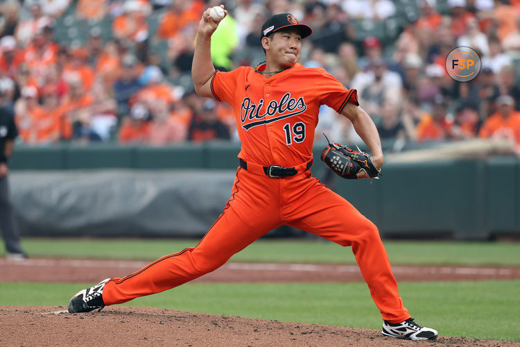 Jun 14, 2025; Baltimore, Maryland, USA; Baltimore Orioles pitcher Tomoyuki Sugano (19) throws during the third inning against the Los Angeles Angels at Oriole Park at Camden Yards. Credit: Daniel Kucin Jr.-Imagn Images