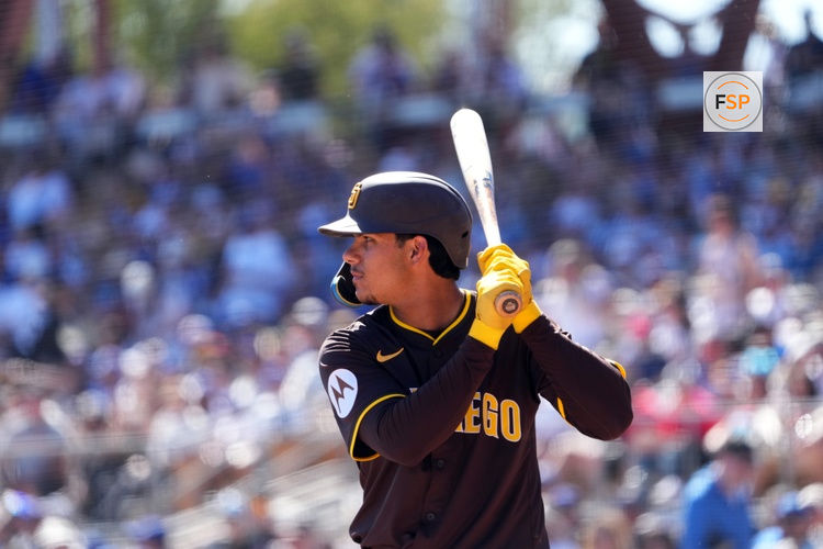 Feb 23, 2025; Phoenix, Arizona, USA; San Diego Padres catcher Ethan Salas (90) bats against the Los Angeles Dodgers during the second inning at Camelback Ranch-Glendale. Credit: Joe Camporeale-Imagn Images